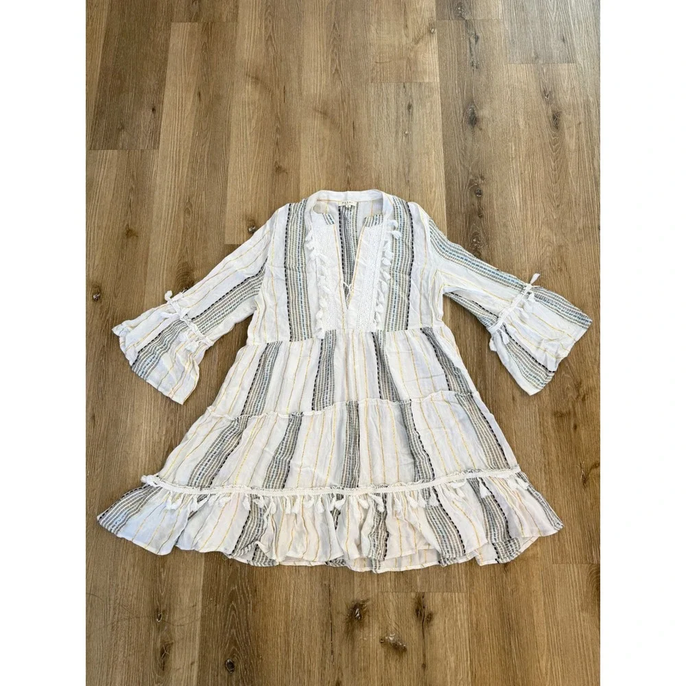 Paani Mini Dress Womens Small White Blue Gold Metallic‎ Boho Tassel Tiered